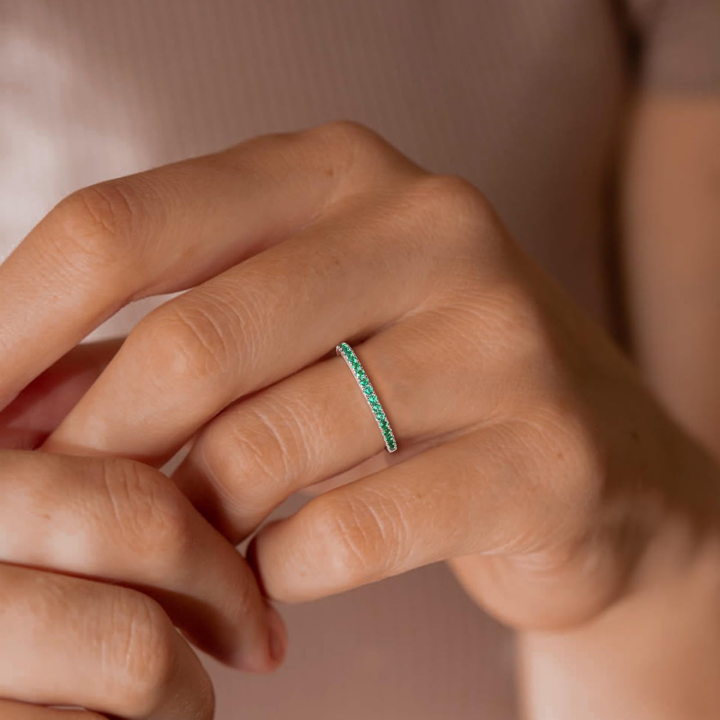 AGRULE Emerald Eternity Band Silver Wedding Rings Men Women Sterling Silver Created May Birthstone Rings 0.3 Carat Green Stone Stackable Cocktail Ring Size 10