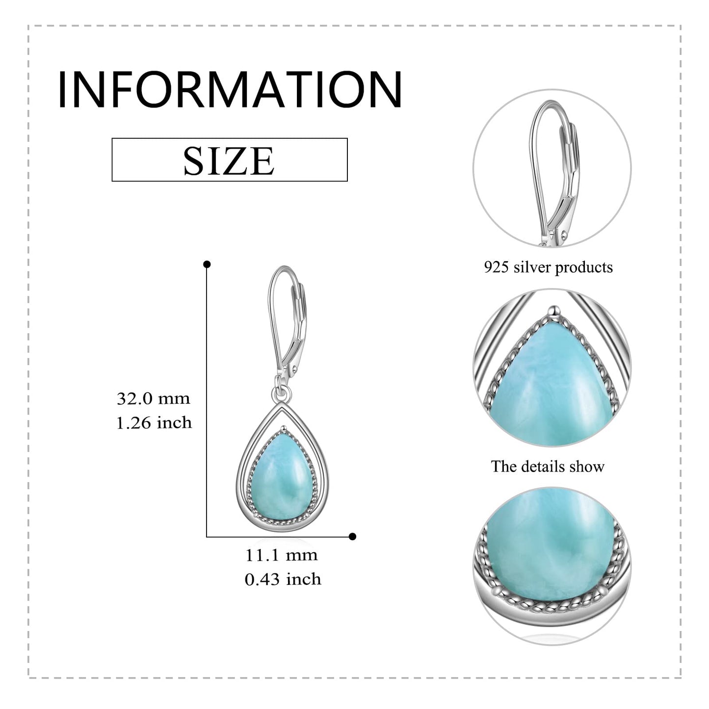 VONALA Larimar Earrings 925 Sterling Silver Blue Larimar Teardrop Dangle Dangling Leverback Earrings Birthday Christmas Jewelry for Women