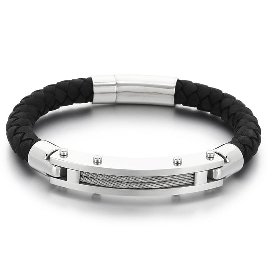 Azubpi Black Braided Leather Bracelet for Men, Stainless Steel Push-In Clasp Casual Fashion Jewelry Gift for Him