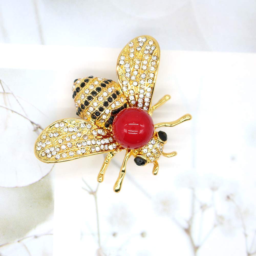 Honey Bee Brooches Crystal Insect Themed Bee Brooch Animal Fashion Shell Pearl Brooch Pin 14K Gold Plated (Red pearl)