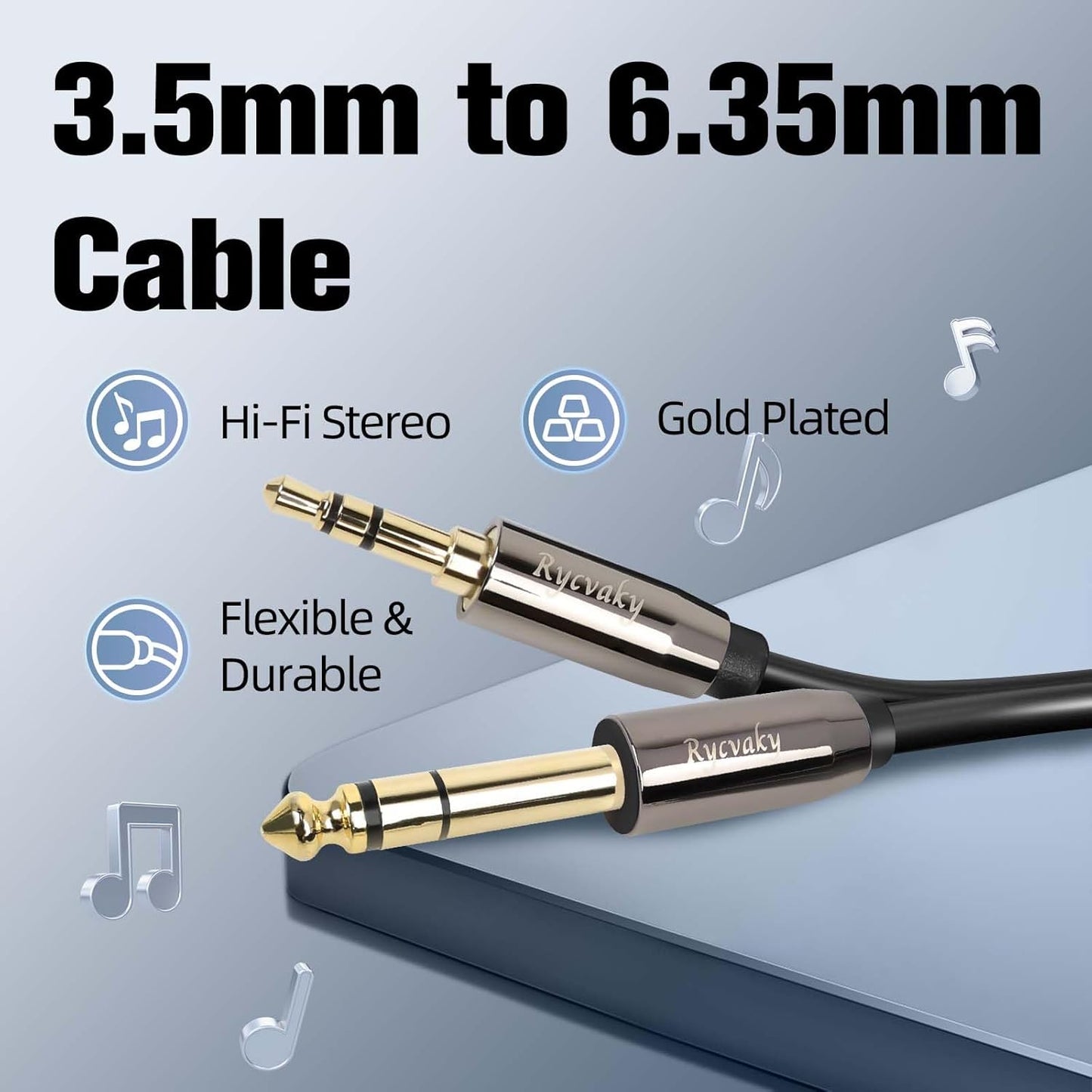 rycvaky 3.5mm 6.35mm 1/4" 1/8" Connectors(25ft/1pk) to Auxiliary Audio Cable, Male to Male TRS Stereo Audio Cable