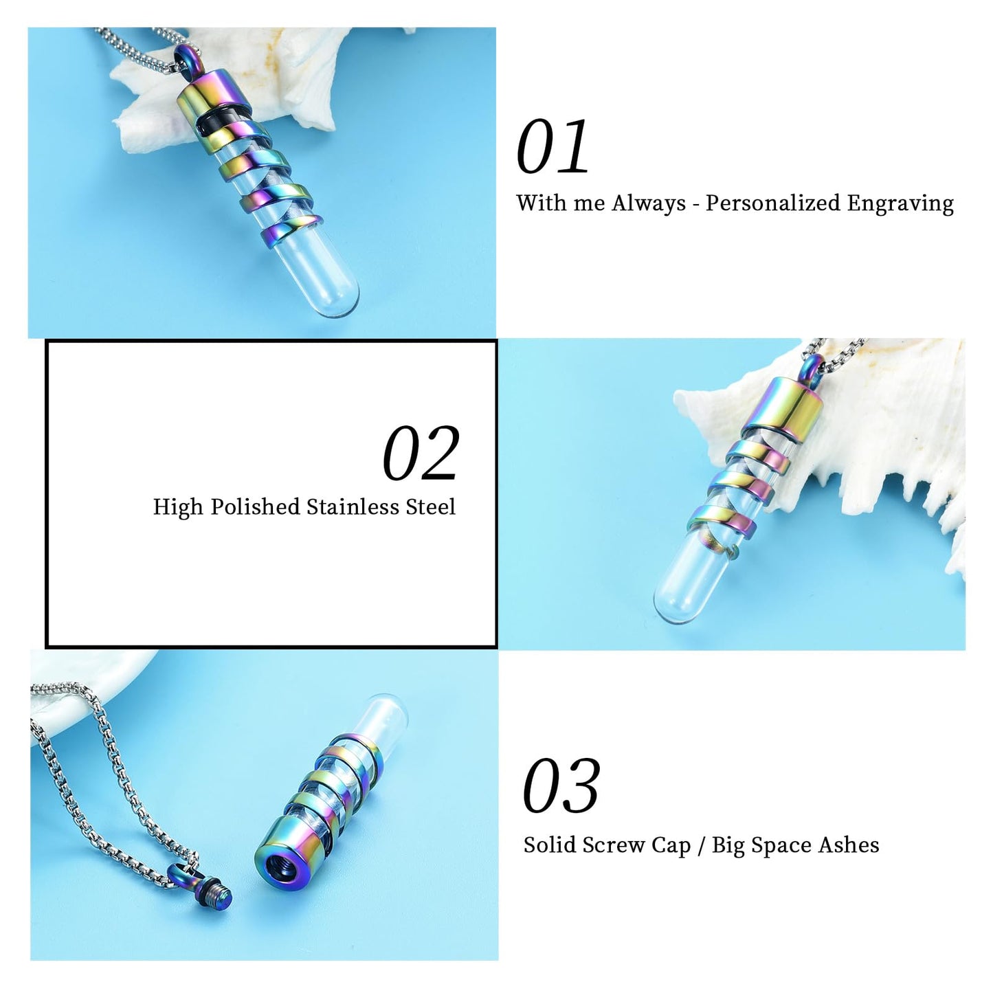 Oinsi Clear Glass Tube Cremation Urn Jewelry Ashes Holder Necklace Keepsake Memorial Pendant Including Box/Fill Kits (Colorful (Angel wing))