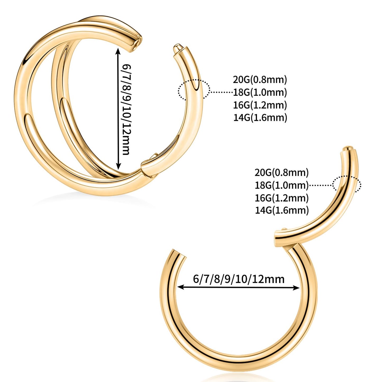 Septum Ring 8mm Septum Jewelry Double Hoop Septum Clicker Gold Nose Rings 18 Gauge Nose Ring Hoop 18g Cartilage Earring Lip Rings Nose Hoop Surgical Steel Helix Earrings Nose Piercing Jewelry