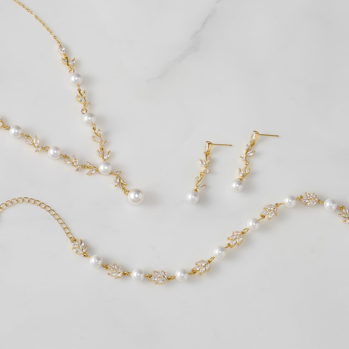 SWEETV Gold Wedding Jewelry Set for Bride Women, Cubic Zirconia Pearl Bridal Earrings Necklace Bracelet Set, Bridal Jewelry Set for Wedding Prom