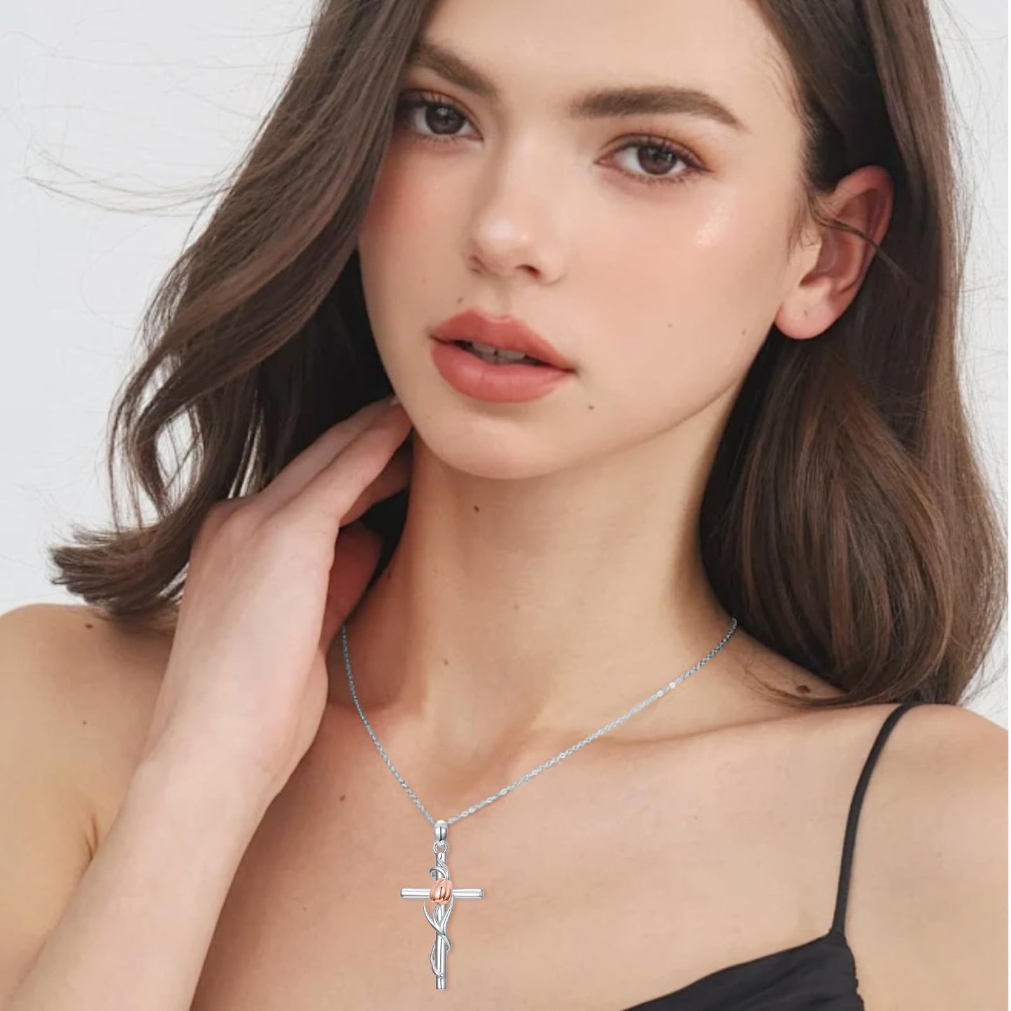 YYB Tulip Cross Necklace 925 Sterling Silver Tulip Gifts for Women Dainty Silver Cross Necklace Christian Religious Gifts for Women Mothers Day Gifts