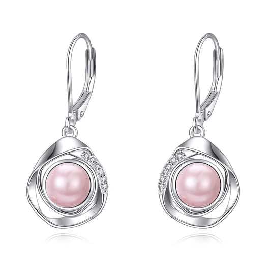 925 Sterling Silver Pink Pearl Leverback Earrings Dangle Drop Jewelry Gifts for Women (Pink Pearl)