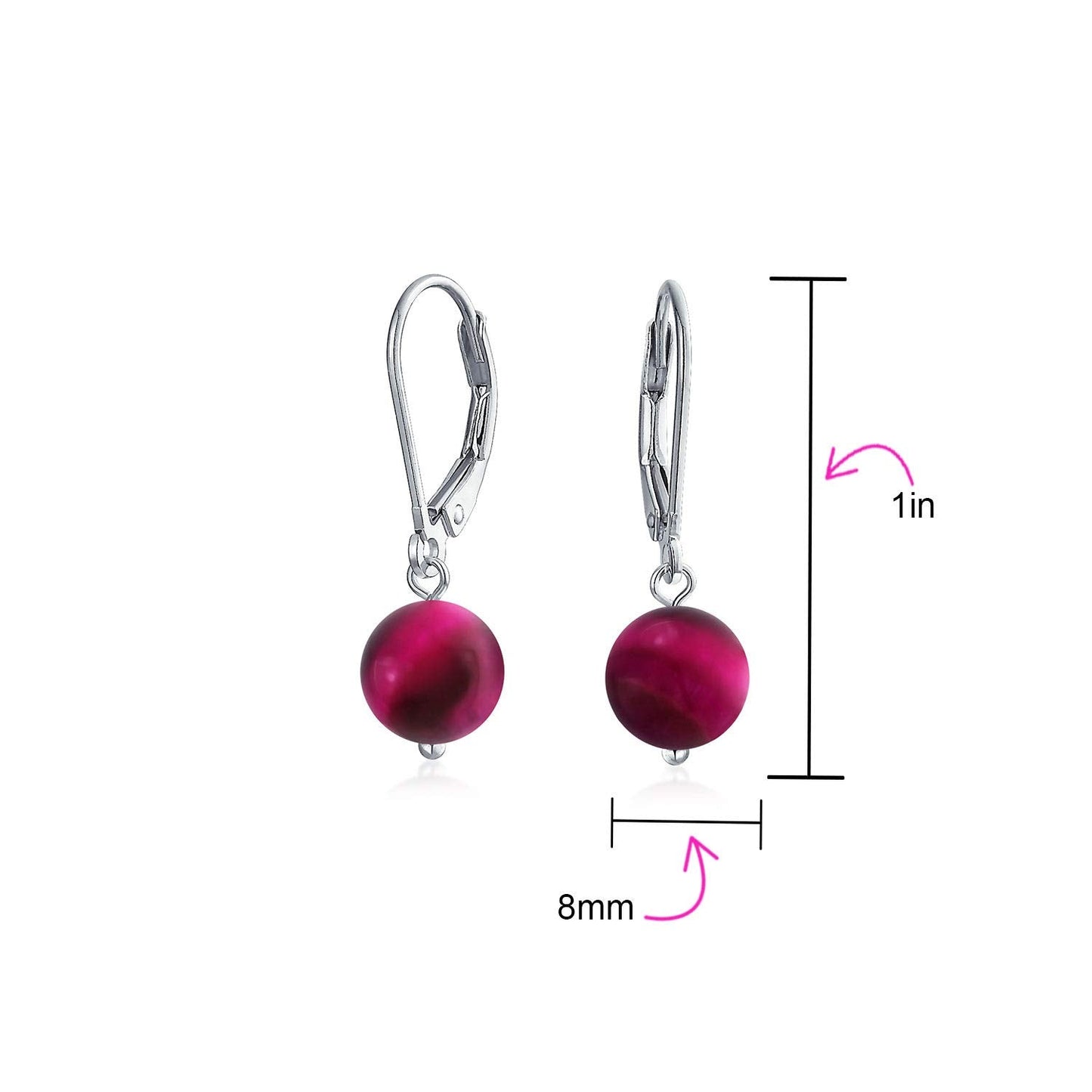 Bling Jewelry Timeless .925 Sterling Silver Pink Fuchsia Tiger-Eye Bead 8mm Ball Drop Earrings Lever Back Genuine Gemstone