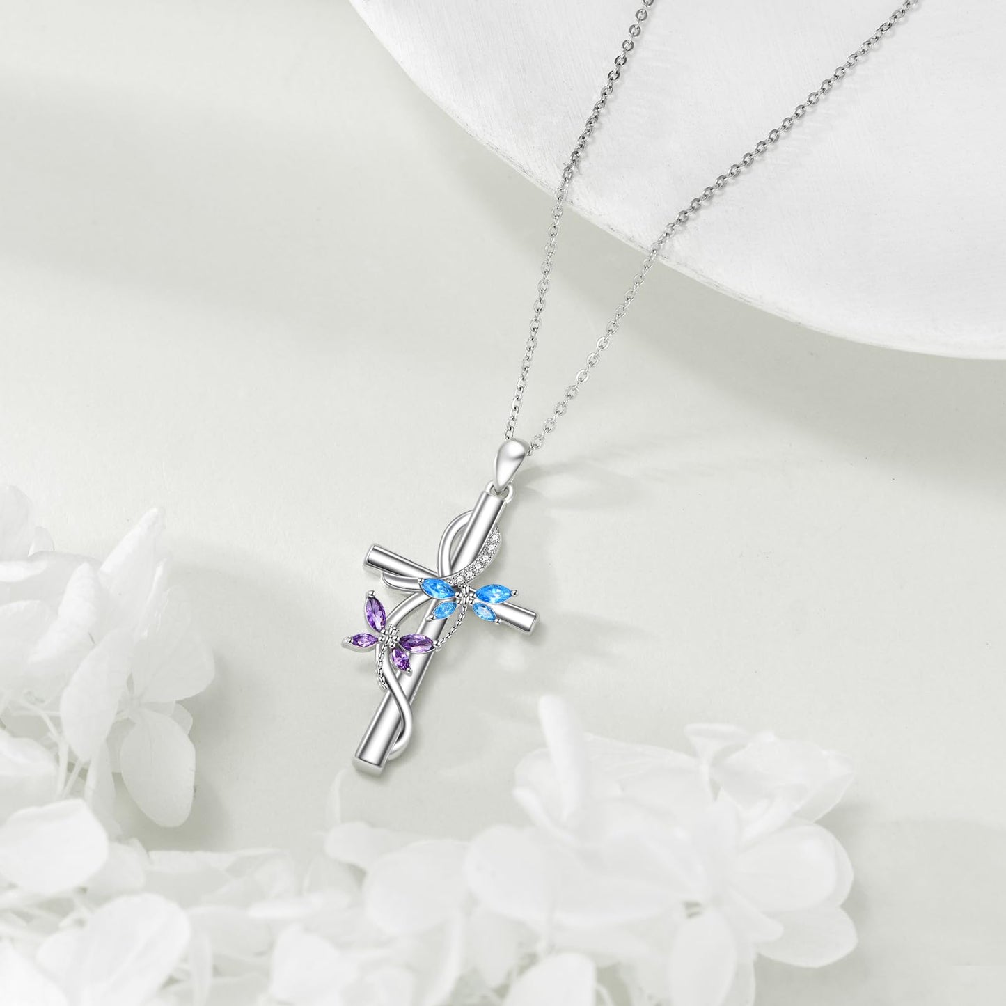 JERWLI Dragonfly Cross Necklace 925 Sterling Silver Dragonfly Cross Pendant Necklace Jewelry for Women Gifts