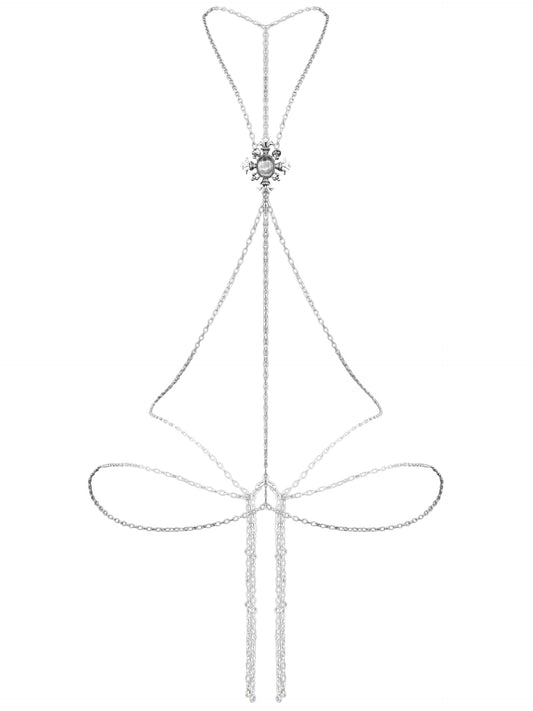 Gothic Cross Body Chain for Women – Silver Tone Adjustable Waist Body Jewelry with Clear Oval Crystal, Vintage Filigree Y-Style Harness Necklace for Festival Party Outfit