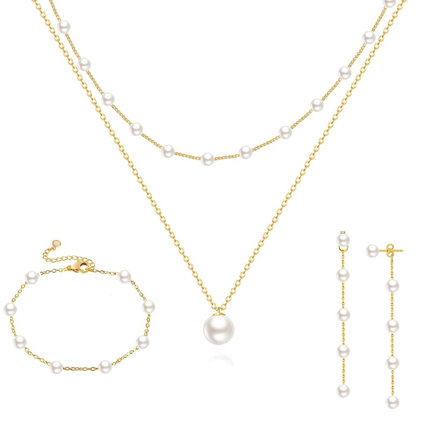 Zeffy Gold Jewelry Set for Women Dainty 14K Gold Plated Pearl Necklace and Earring Set Pearl Drop Earrings Pearls Bracelets Wedding Pearls Jewelry for Brides 4pcs