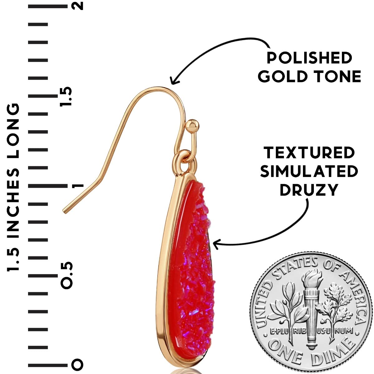 Simulated Druzy Drop Dangles - Sparkly Long Teardrop Dangly Earrings for Women, Gold Tone - Hot Pink Stone