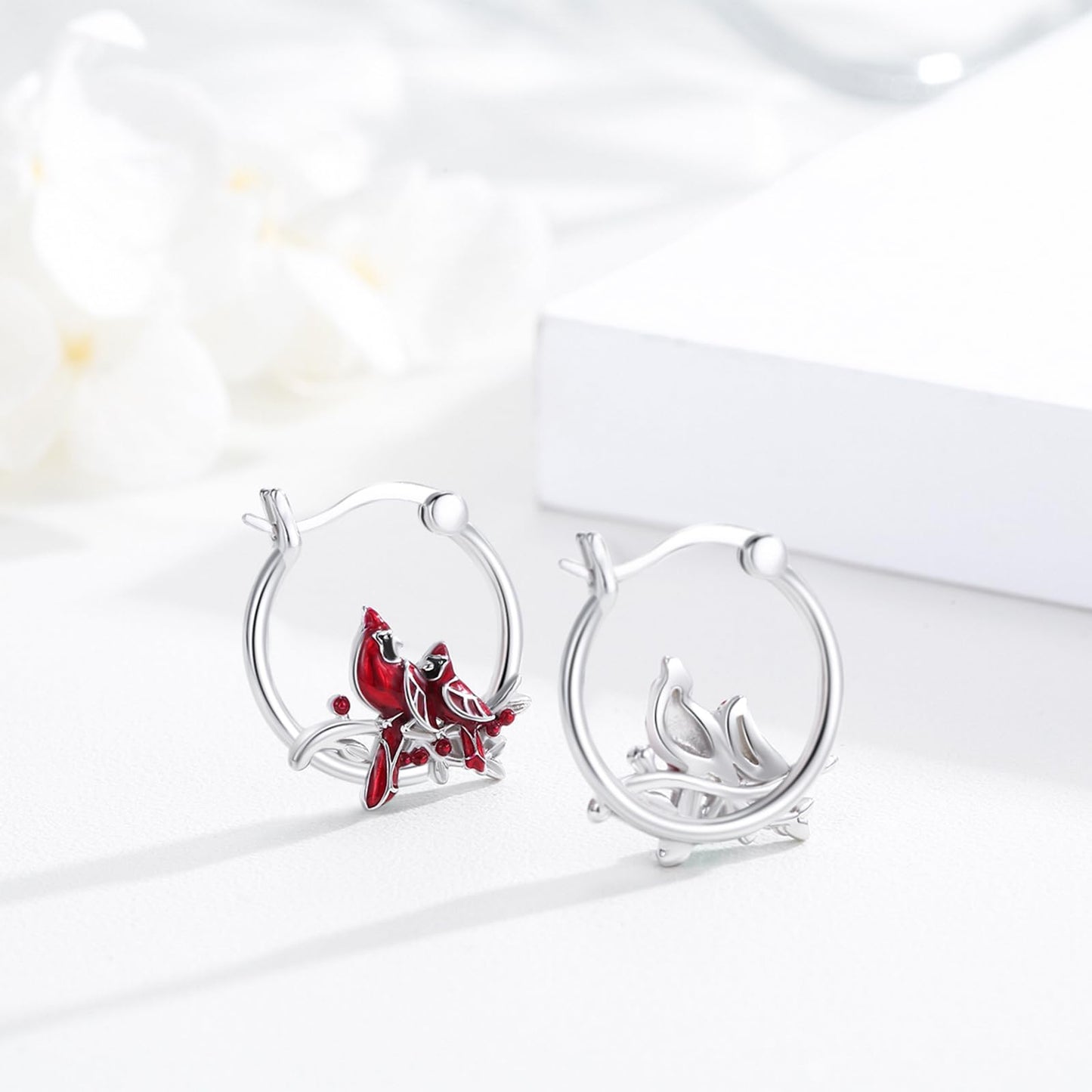 JUSTKIDSTOY Cardinal Earrings 925 Sterling Silver 2 Red Bird Hoop Earrings Jewelry Cardinal Gifts for Women Mother Grandma