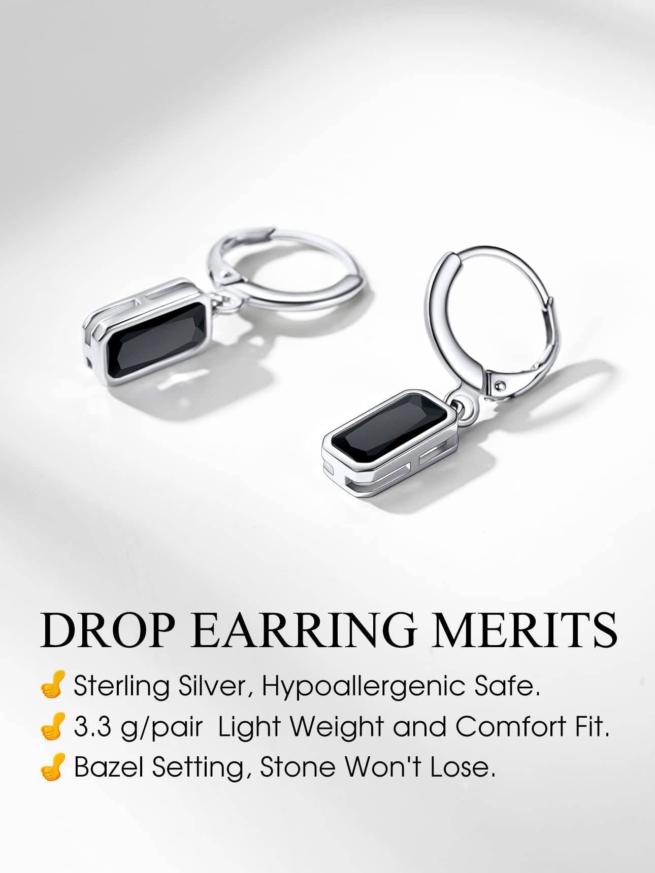 Bestyle Dainty Black Onxy Drop Earrings for Women - Rectangular Birthstone Dangle Earring with Hypoallergenic Silver Huggie Hoops - Trendy Black Baguette Dangle Hoop Earrings