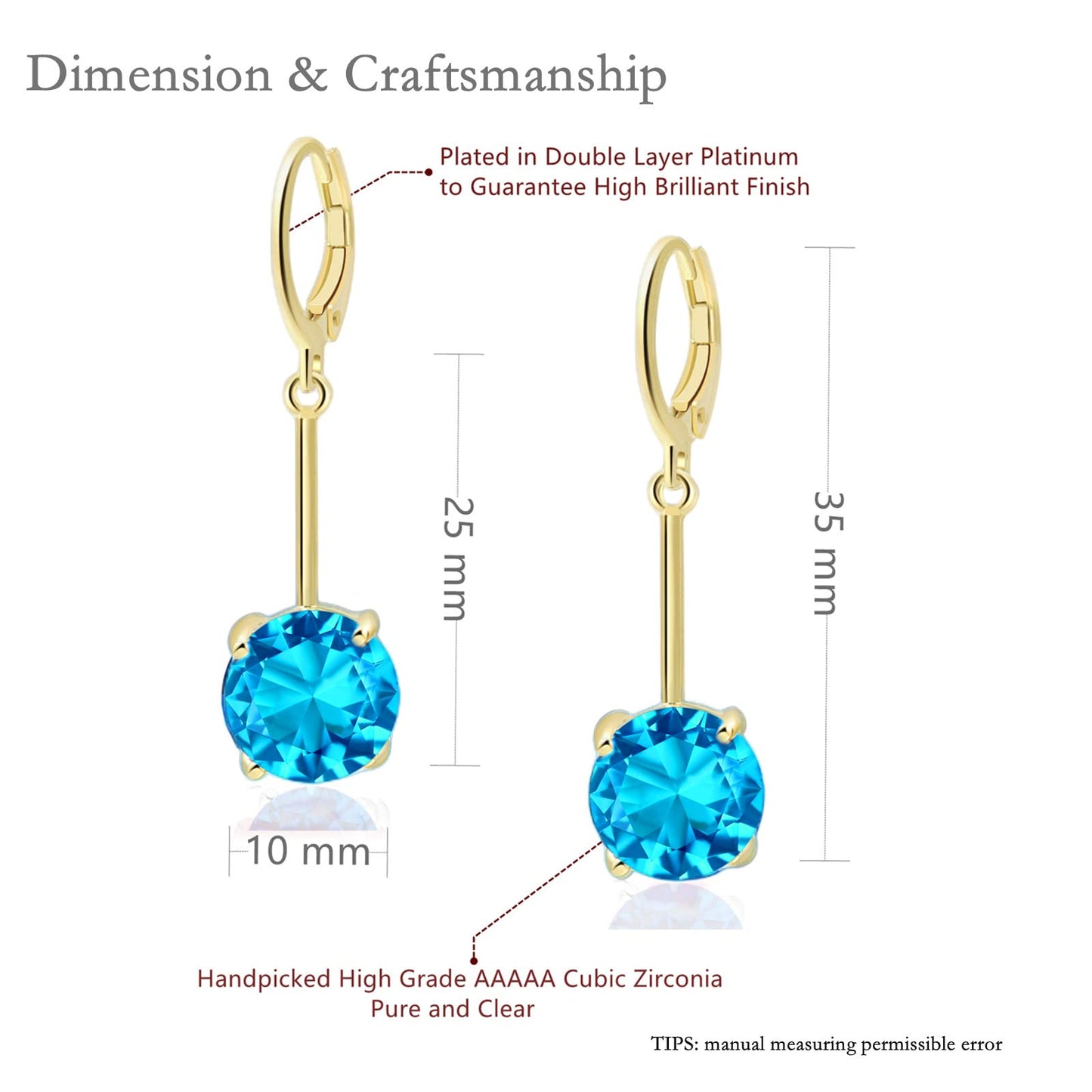 VONSSY Gemstone Drop Dangle Earrings | Platinum /Gold Plated Leverback Crystal Cubic Zirconia Hanging Red /Pink/Blue Earrings (Blue-Gold)