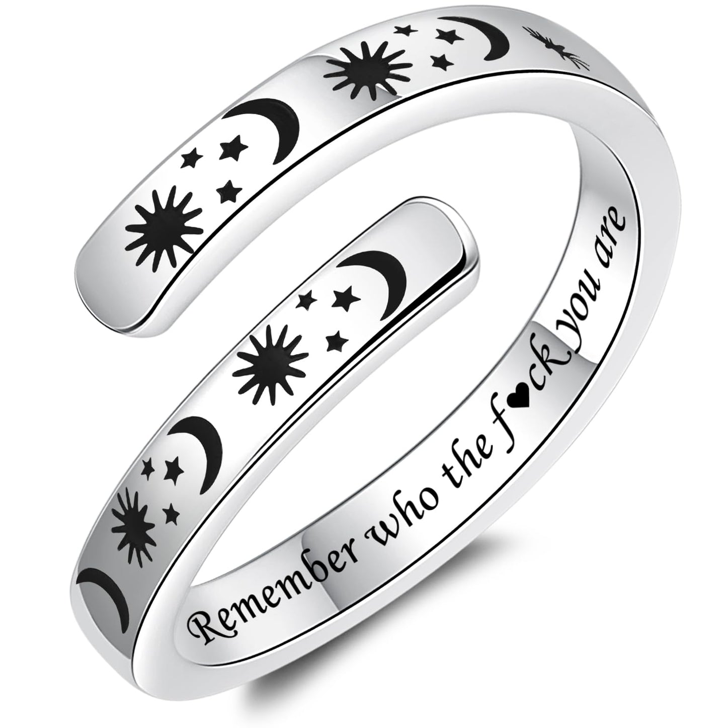 925 Sterling Silver Inspirational Jewelry Adjustable Wrap Open Ring Encouragement Gift for Women (Sun & Moon - Remember who the f♡ck you are)