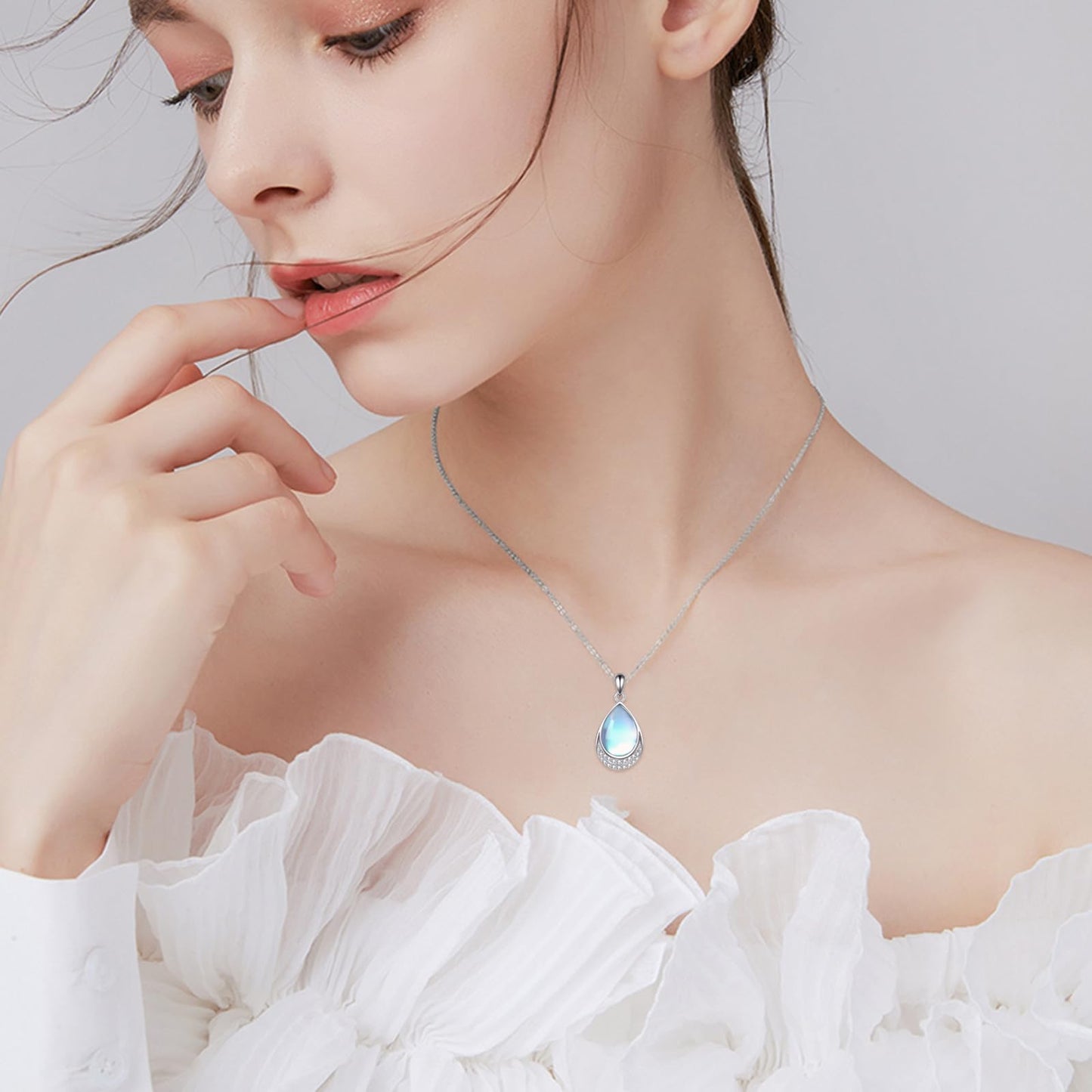 YAFEINI Moonstone Necklace 925 Sterling Silver Cubic Zirconia Teardrop Pendant Necklace Jewelry for Women(V-Cubic Zirconia Moonstone Necklace)