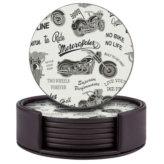 Set of 6 Round Leather Coasters with Holder for Bar, Drinks, Coffee (Motorcycle Silhouette Pattern)