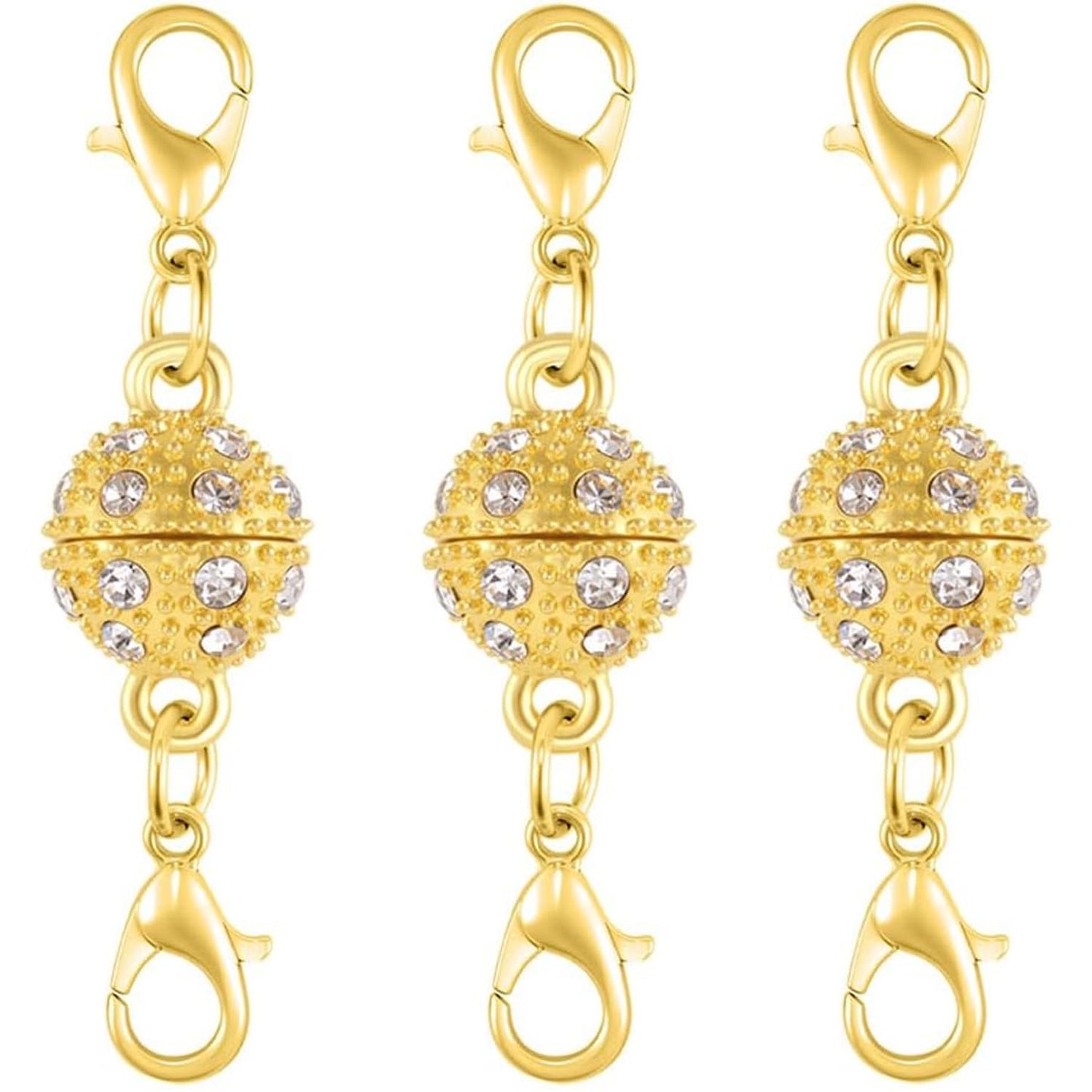 Magnetic Necklace Clasps, 18K Gold and Silver, Crystal Rhinestone Ball Connector with Lobster Clasp, Jewelry Extender for Necklaces, Bracelets (3pcs Golden)