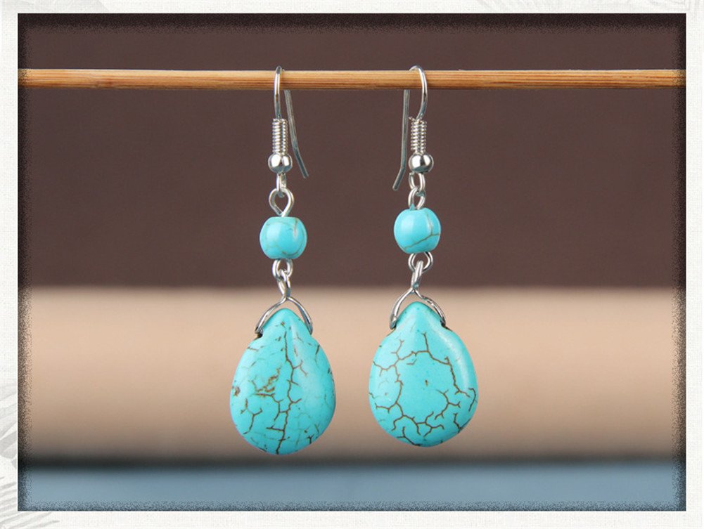 4th of July Earrings Blue Turquoise Drop Earrings Double Stone Round Bead Independence Day Dangle Earring for Women Fashion Jewelry Gift­ (E:blue)