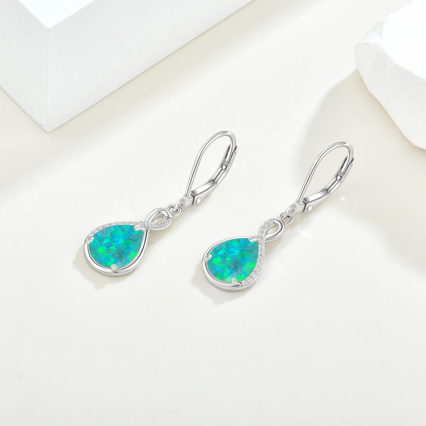 FYNSBLE Green Opal Earrings for Women Sterling Silver Infinity Opal Dangle Drop Leverback Earrings Hypoallergenic Jewelry for Women