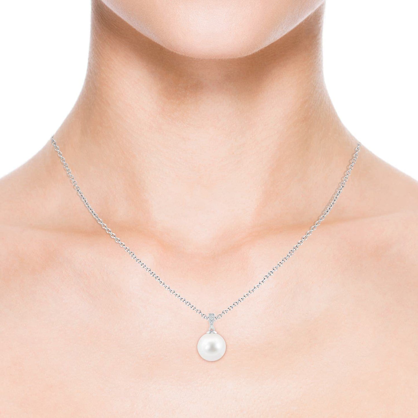 Angara Freshwater Pearl Solitaire Pendant for Women | 10mm Round Freshwater Cultured Pearl Diamond Solitaire Pendant Necklace in Sterling Silver | June Birthday, Gemstone Jewelry Gift | AA