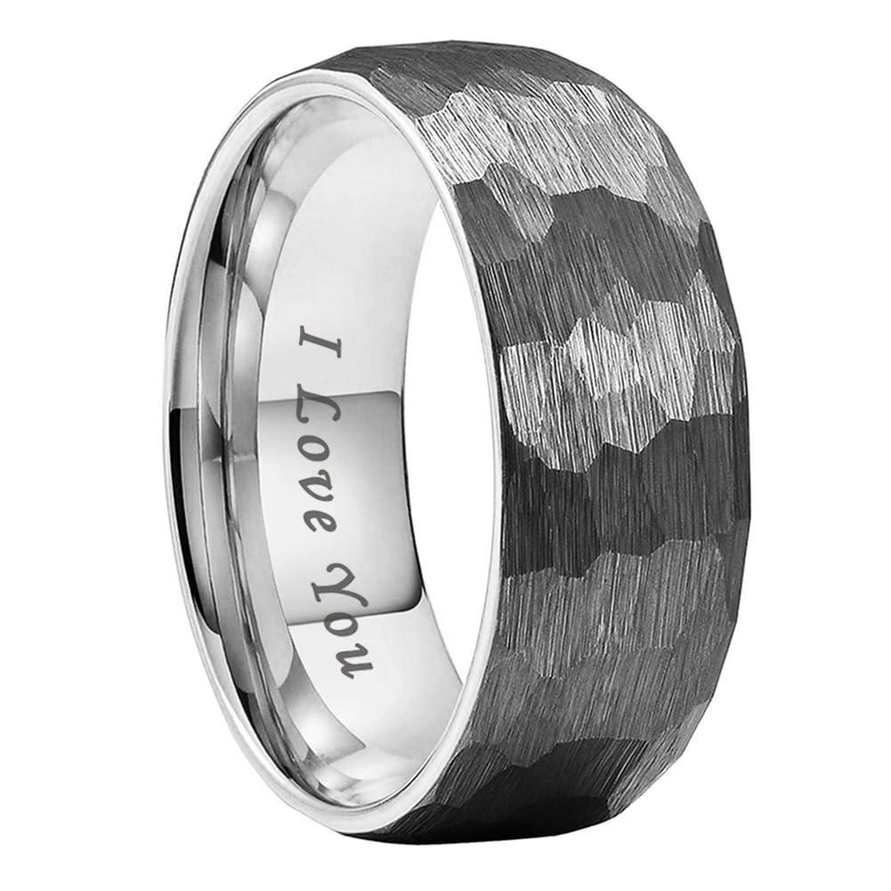 TUTISS 8mm Hammered Tungsten Carbide Rings for Men Women Engagement Wedding Bands Domed I Love You Engraved Comfort Fit Size 6