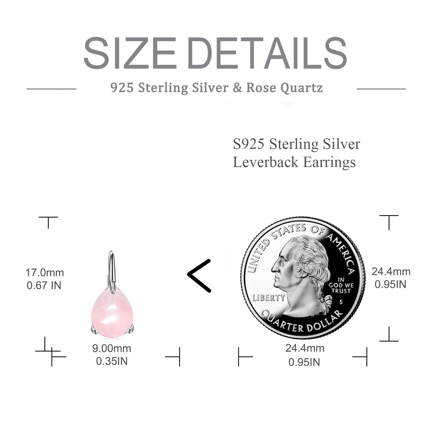 SHEAISRS Teardrop Rose Quartz Leverback Earrings for Women 925 Sterling Silver Pink Crystal Earrings