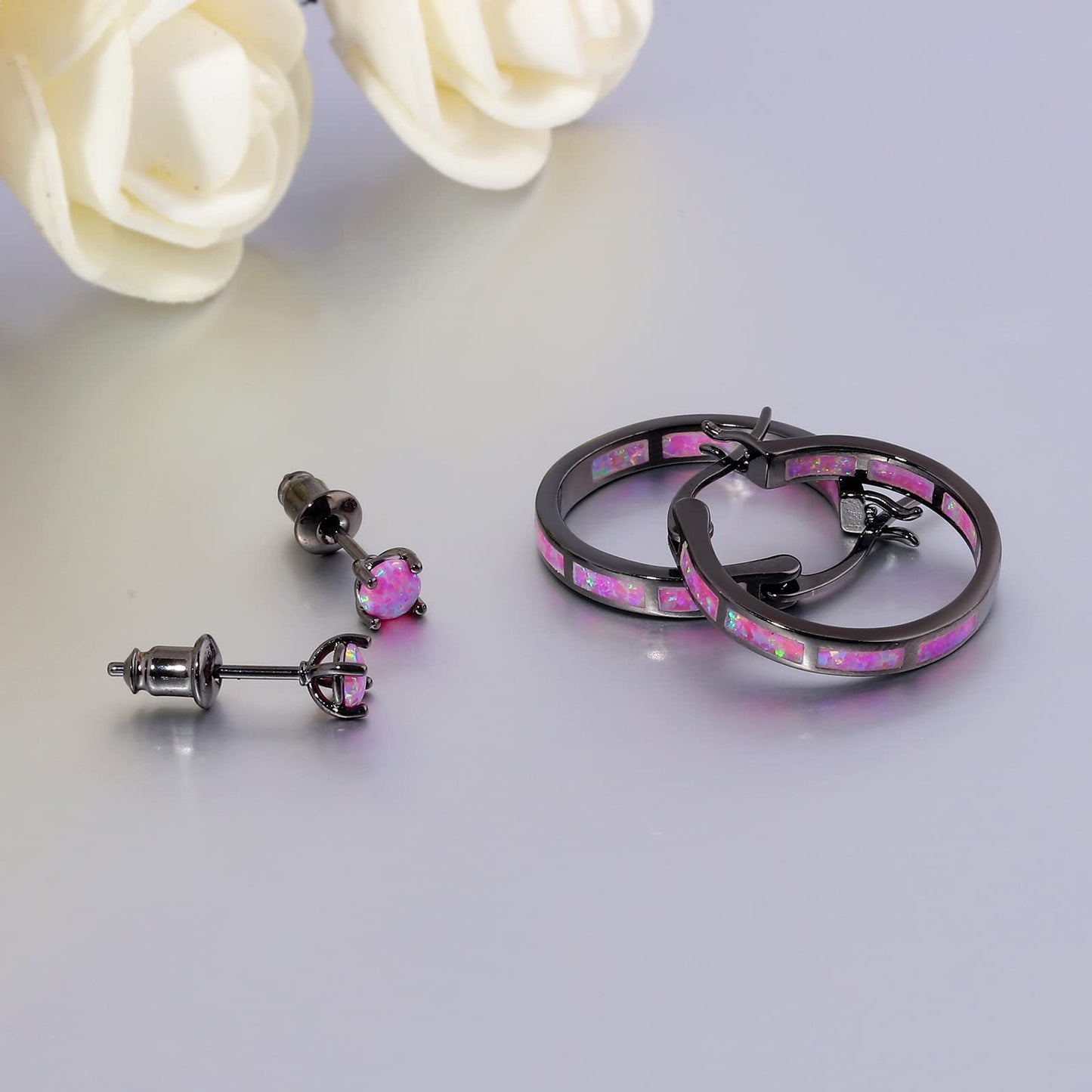 CiNily 2 Pairs Hoop Earrings Set Hypoallergenic Tiny Black Purple Opal Stud Earrings 14K Black Gold Plated Hoop Earrings for Women Men Jewelry
