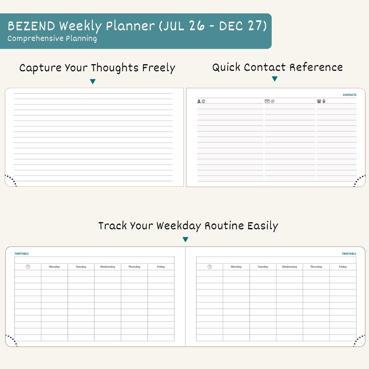 BEZEND Pocket Weekly Planner 2026 2027 Equal Weekend with Hourly Timeslot (6.5" x 3.75") 18 Months Small Academic Calendar (Jul 26-Dec 27) for Students, Work & Home, PU Leather Hardcover -Black