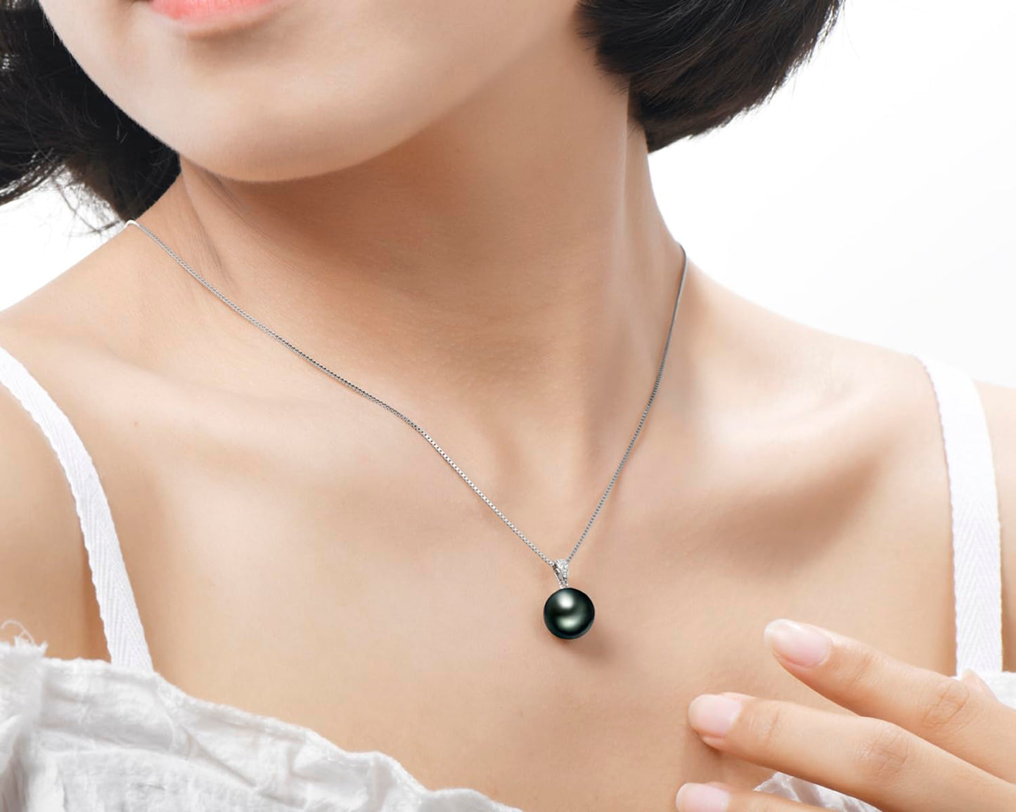18K Gold Black Pearl Pendant Necklace with Diamond 10-11mm Genuine Tahitian Cultured Round Pearls Jewelry for Women with 18" Silver Chain - White Gold