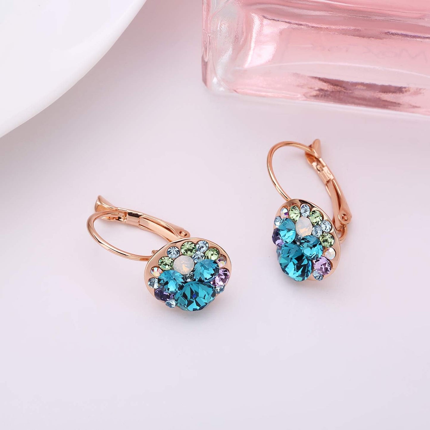 Multicolored Austrian Crystal Earrings for Women 14K Gold Plated Leverback Dangle Hoop Earrings (Blue Green Crystals/Rose Gold-tone)