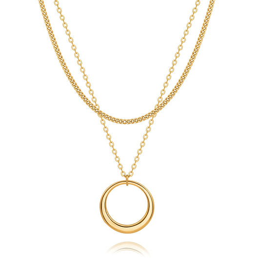 CANEVINKA 18K Gold Plate Layered Circle Pendant Necklaces for Women,Stackable Dainty 18K Gold Plated Trendy Circle Chain Cuban link chain Pendant Choker Necklace,Jewelry Gifts for Women