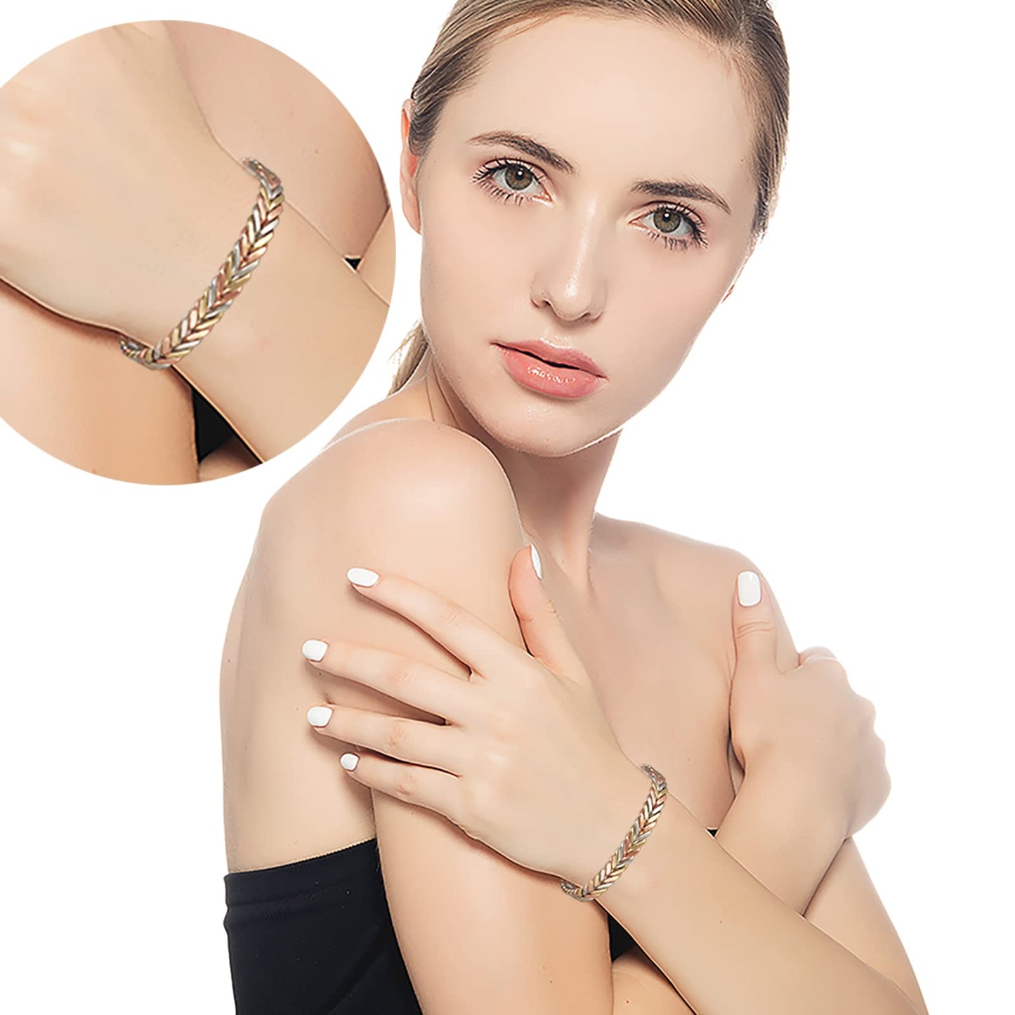 EnerMagiX Copper Bracelets for Women, 99% Pure Copper Adjustable Tricolor Gold Braided Bracelet, Set Jewelry Present (1004,0932)