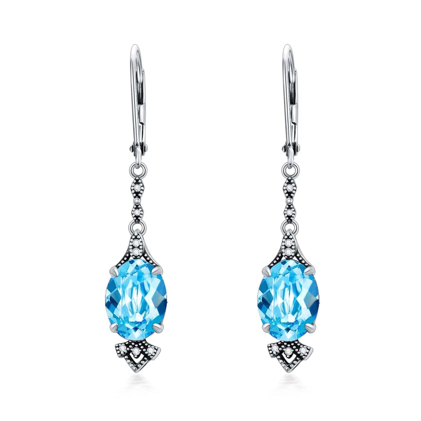 Vintage Aquamarine Blue Earrings 925 Sterling Silver Retro Antique Looking Leverback Dangle Drop Earrings with Oval March Birthstone, Anniversary Jewelry Gifts for Women