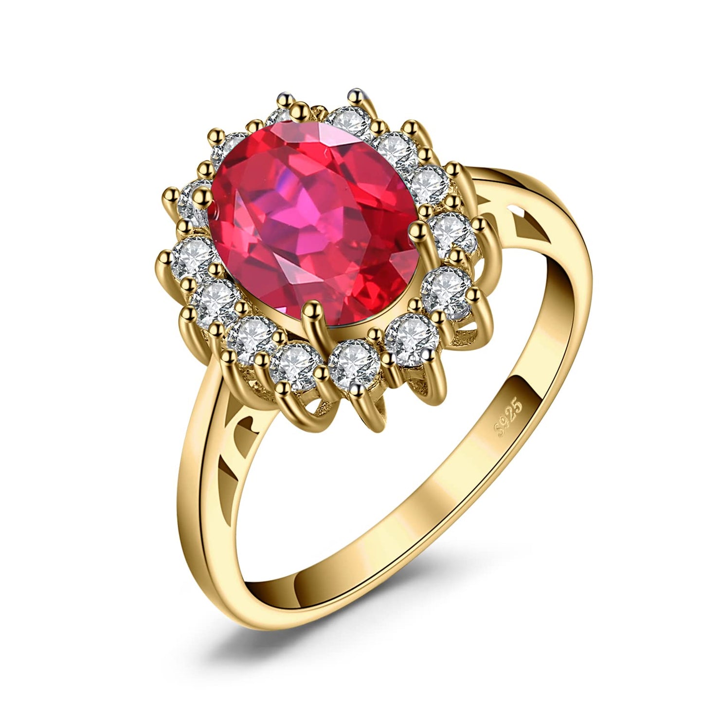 JewelryPalace Princess Diana Kate Middleton Gemstone Birthstone Red Ruby Halo Statement Engagement Rings for Women, 14K Yellow Gold Plated 925 Sterling Silver Promise Rings for Her Size 10.5