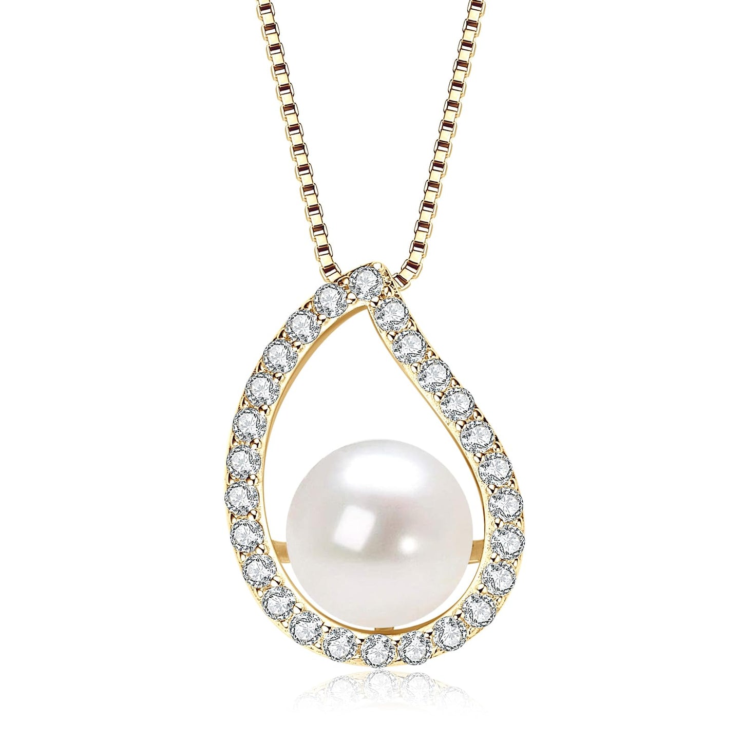 DENGGUANG Pearl Necklaces for Women, 925 Sterling Silver Freshwater White Pearl Pendant Necklace, Shiny Moissanite Pearl Wedding Jewelry for Bride Bridesmaid(9-10mm)