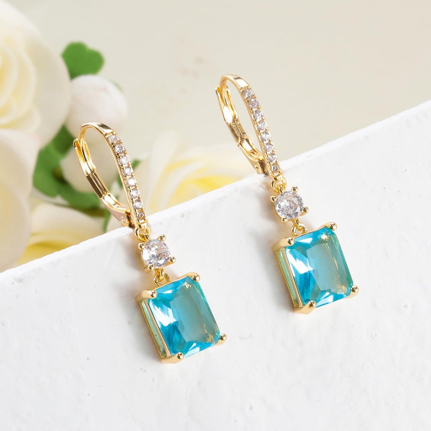 CiNily Leverback Earrings for Women Rectangular-cut Drop Dangle Earring Hypoallergenic, 14K Yellow Gold Plated Blue Cubic Zircon Earrings Diamond Dangle Ear Rings Jewelry for Xmas Birthday