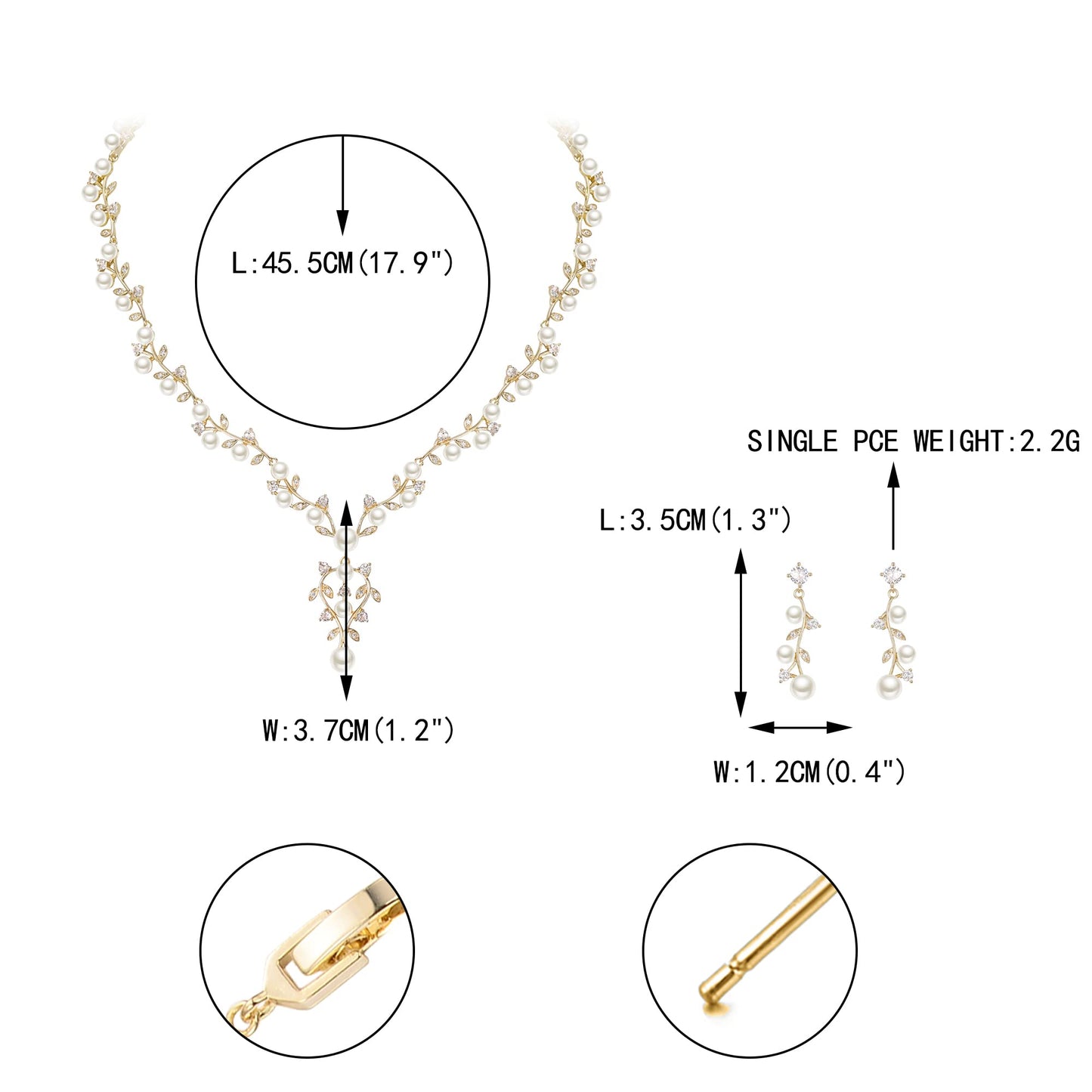 EVER FAITH Bridal Jewelry Sets for Women, White Cubic Zirconia Simulated Pearl Leaf Vine Wedding Bride Pendant Necklace Earrings Set Clear Gold-Plated-Brass