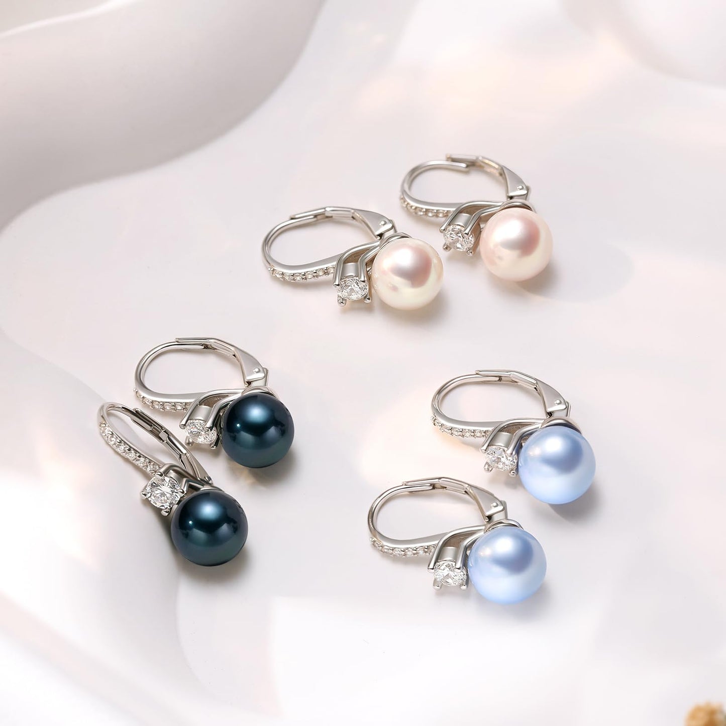 BAMIKI Blue Pearl Drop Dangle Earrings 925 Sterling Silver Cubic Zirconia Leverback Earrings, 8MM Round Saltwater Cultured Pearls Jewelry Gifts for Women Wife Mother