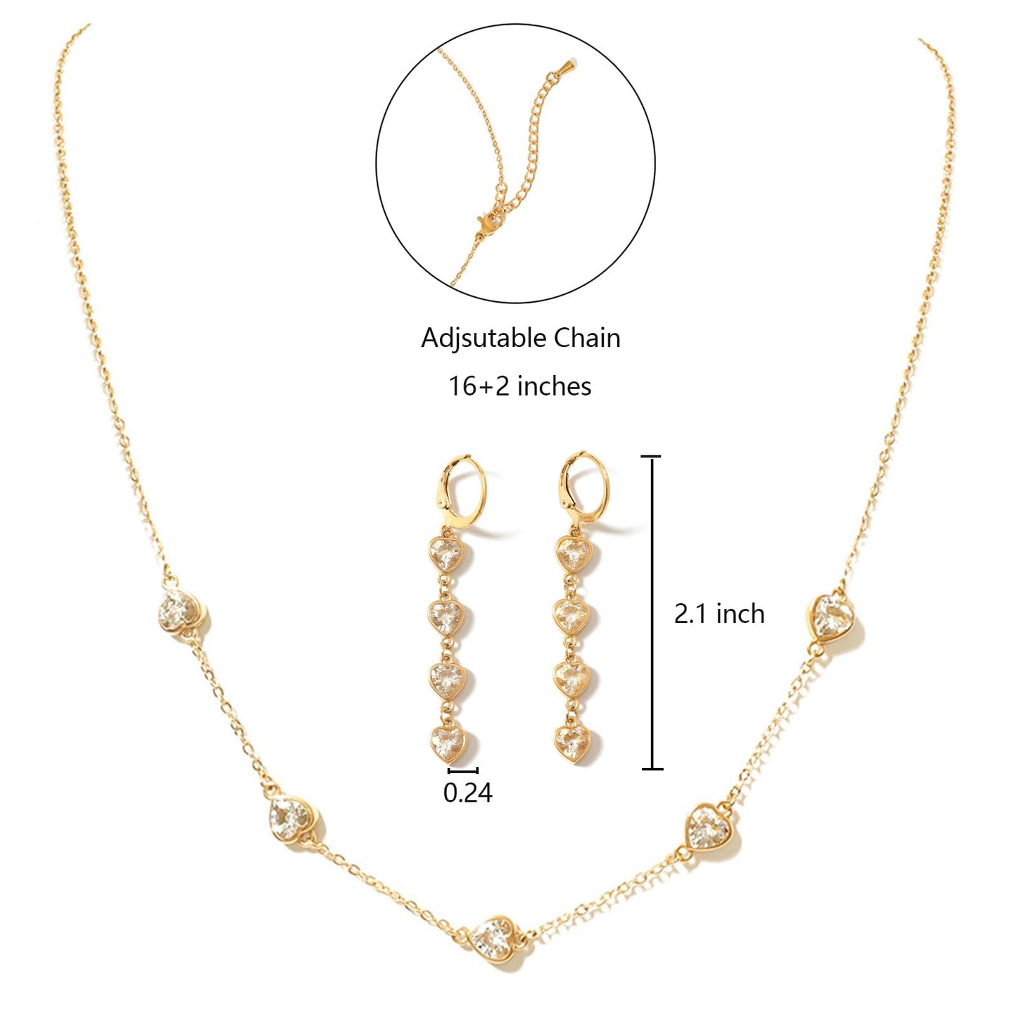 TaYolnFaSo White Heart Cubic Zirconia Jewelry Sets for Women 18k Gold Plated Imitation Diamond Necklace Earring 2pcs April Birthstone Set Heart Jewelry Wedding Prom Birthday Gift