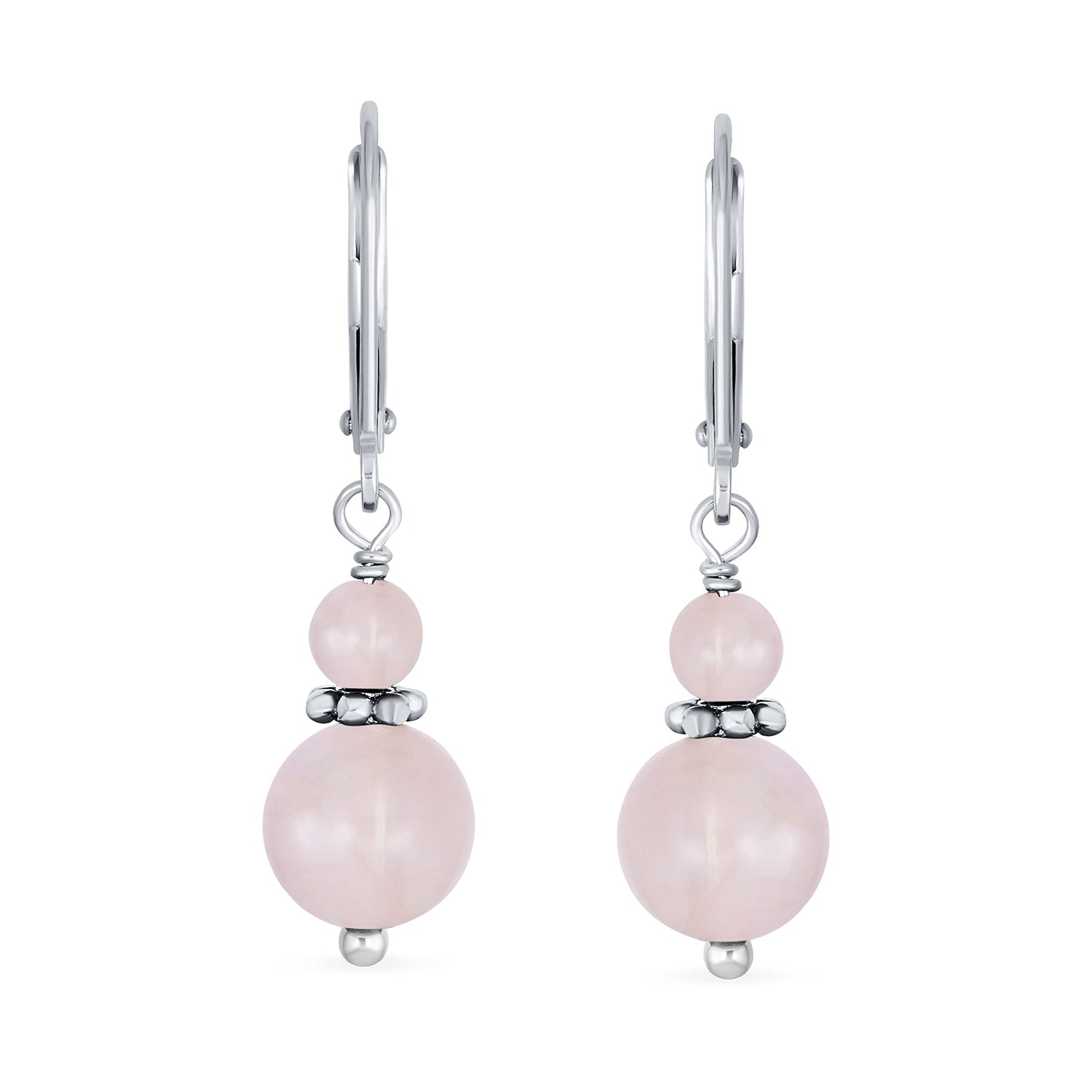 Bling Jewelry Bali Style .925 Sterling Silver Pink Rose Quartz Bead 3MM & 8mm Balls Drop Earrings Milgrain Rondel Separator Lever Back Genuine Gemstone