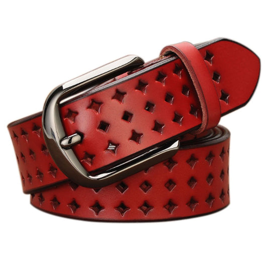 VONSELY Genuine Leather Belts for Women Hollow Out Design, Soft Leather Womens Belts with Pin Buckle, Red Leather Belt