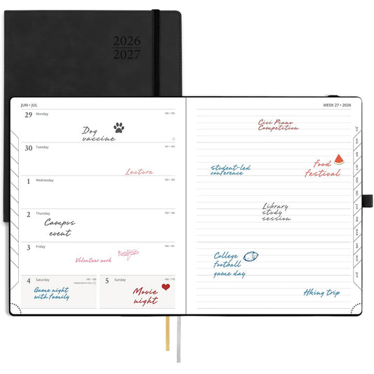 POPRUN Weekly Planner 2026-2027 (Large 8.5''x 10.5'') Academic Calendar (JUL.26 - JUN.27) Appointment Book with Monthly Tabs, Leather Soft Cover, Inner Pocket, 100 GSM - Black