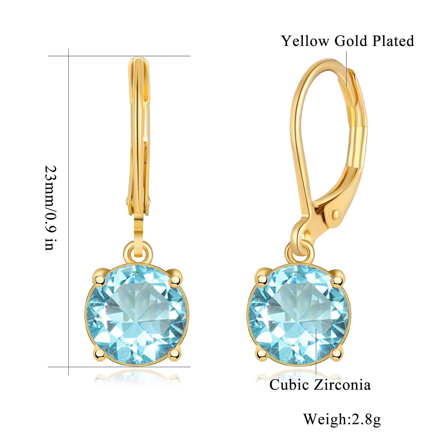 CiNily Gold Leverback Dangle Earrings 14K Gold Plated Light Blue Crystal Drop Earrings Summer Jewelry for Women 8 mm