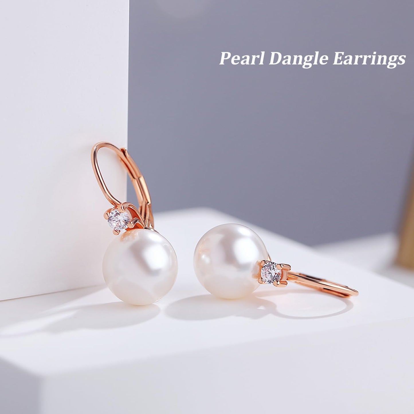 Pearl Dangle Drop Earrings for Women Sterling Silver Cubic Zirconia Leverback Earring 10mm Jiahanzb