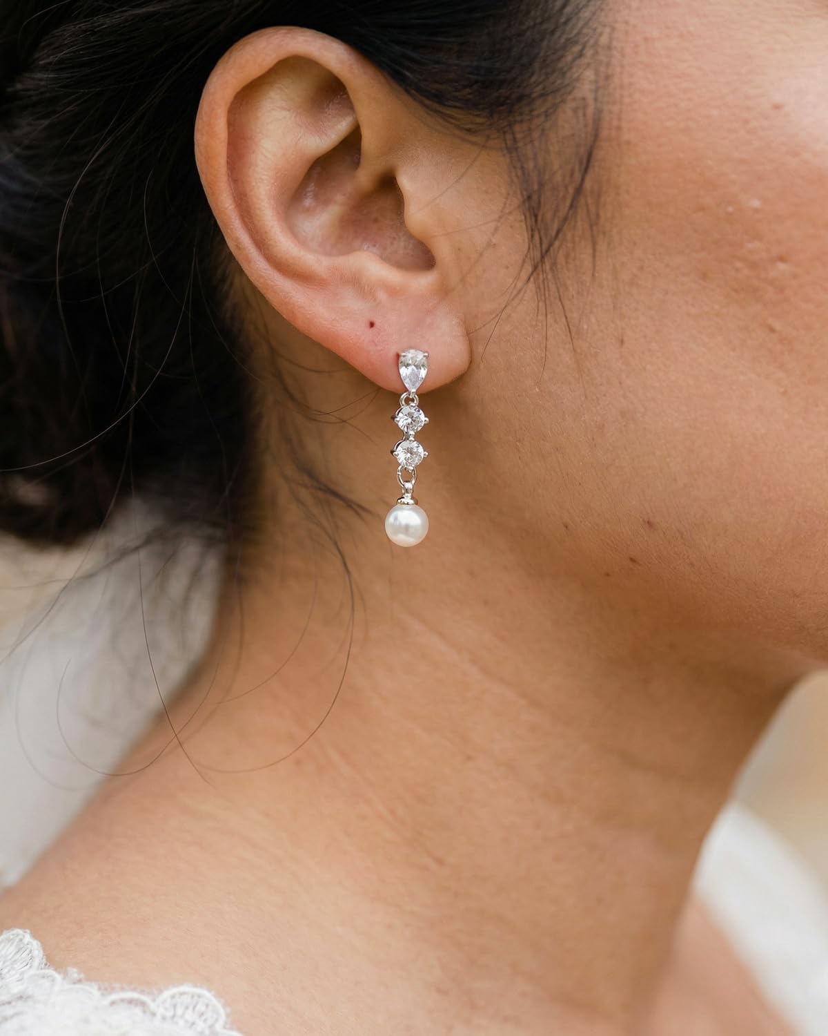 PRTGL Pearl Earrings - Silver White 14 Gold Plated Round and Teardrop Cut Cubic Zirconia Pearl Drop Dangle Earrings for Women Wedding Bridal