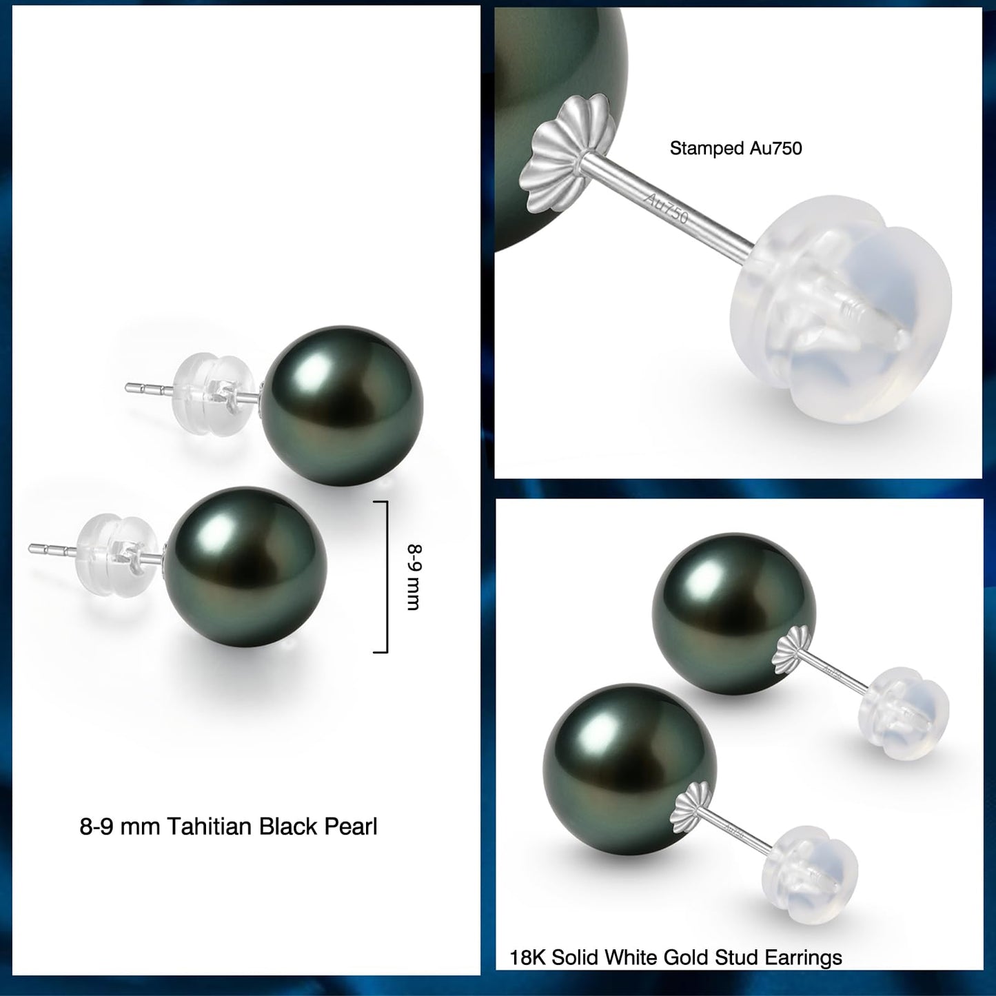 18K Solid White Gold Genuine Tahitian Black Pearl Stud Earrings for Women, AAAA 8-9mm Seawater Pearls - Christmas Gift for Wife Mom Daughter Grandma, Women Jewelry for Wedding Anniversary Birthday