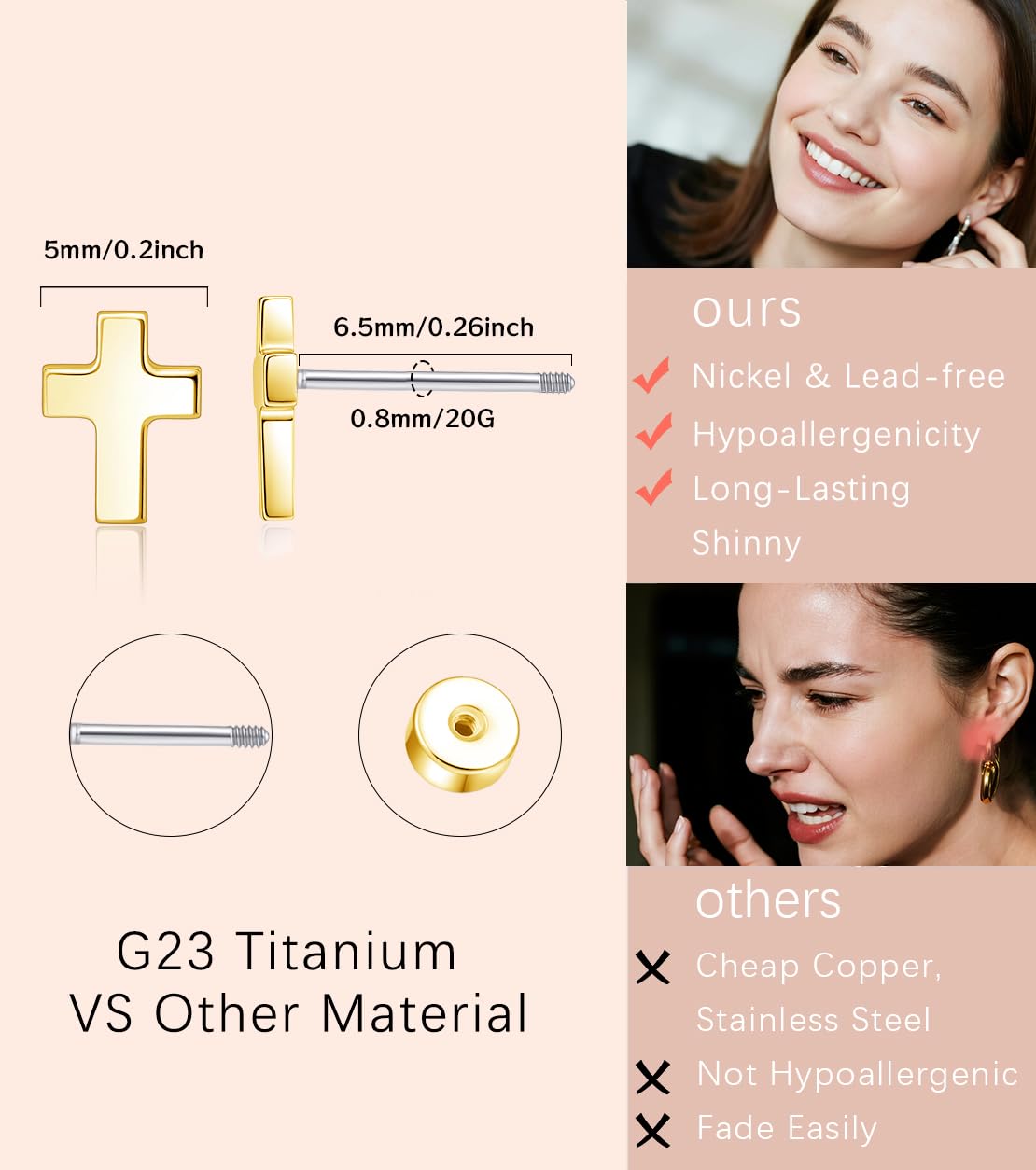 Limerencia Titanium Stud Earrings - Hypoallergenic Earrings for Women Men Sensitive Ears - Minimalist Jewelry Flatback Cross Bolt Cartilage Earrings,Gold Tone