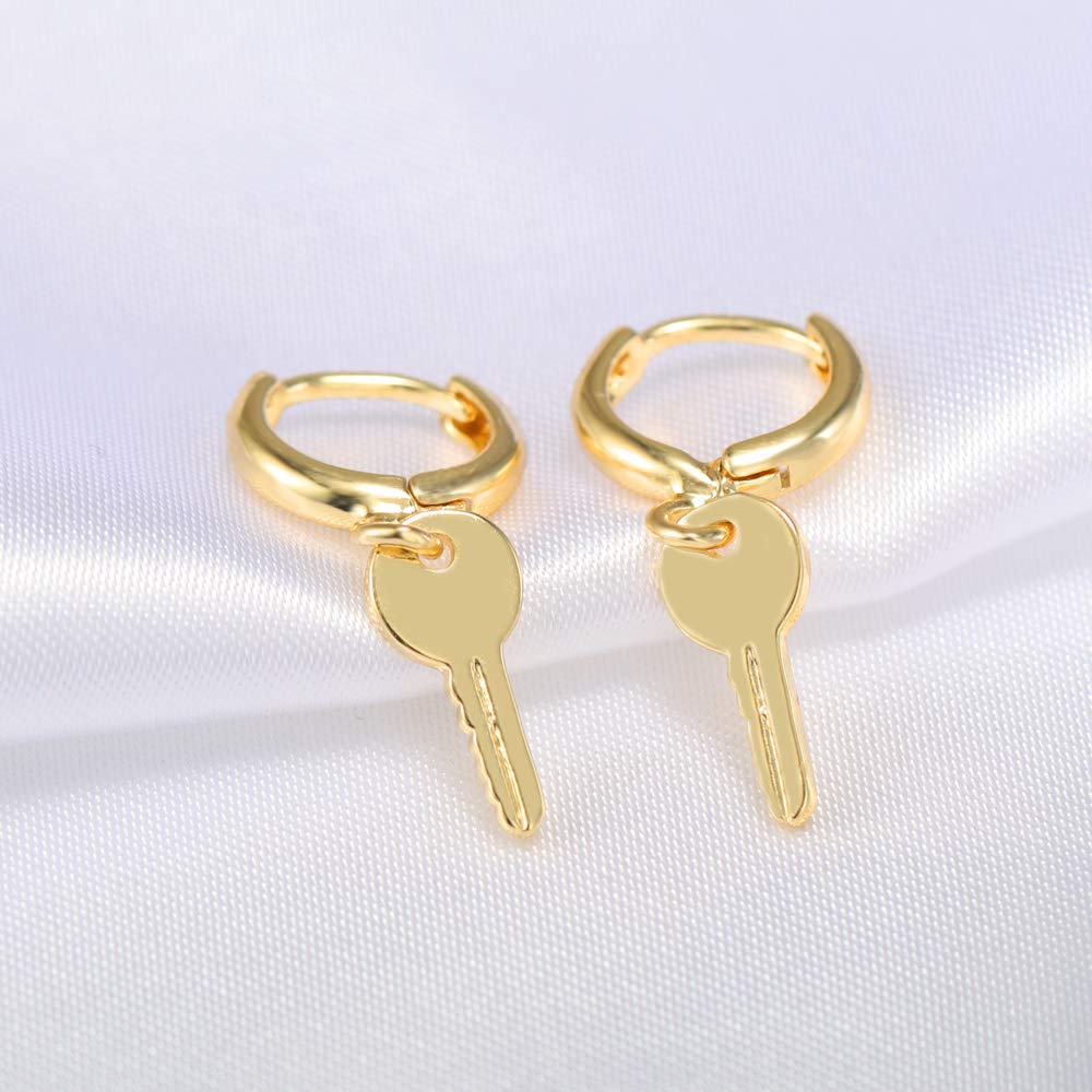 Small Hoop Key Dangle Drop Hoop Earrings With Small Charm for Women Cute Cartilage Fashion 18K Yellow Gold Plated Vintage Elegant Dangling Jewelry