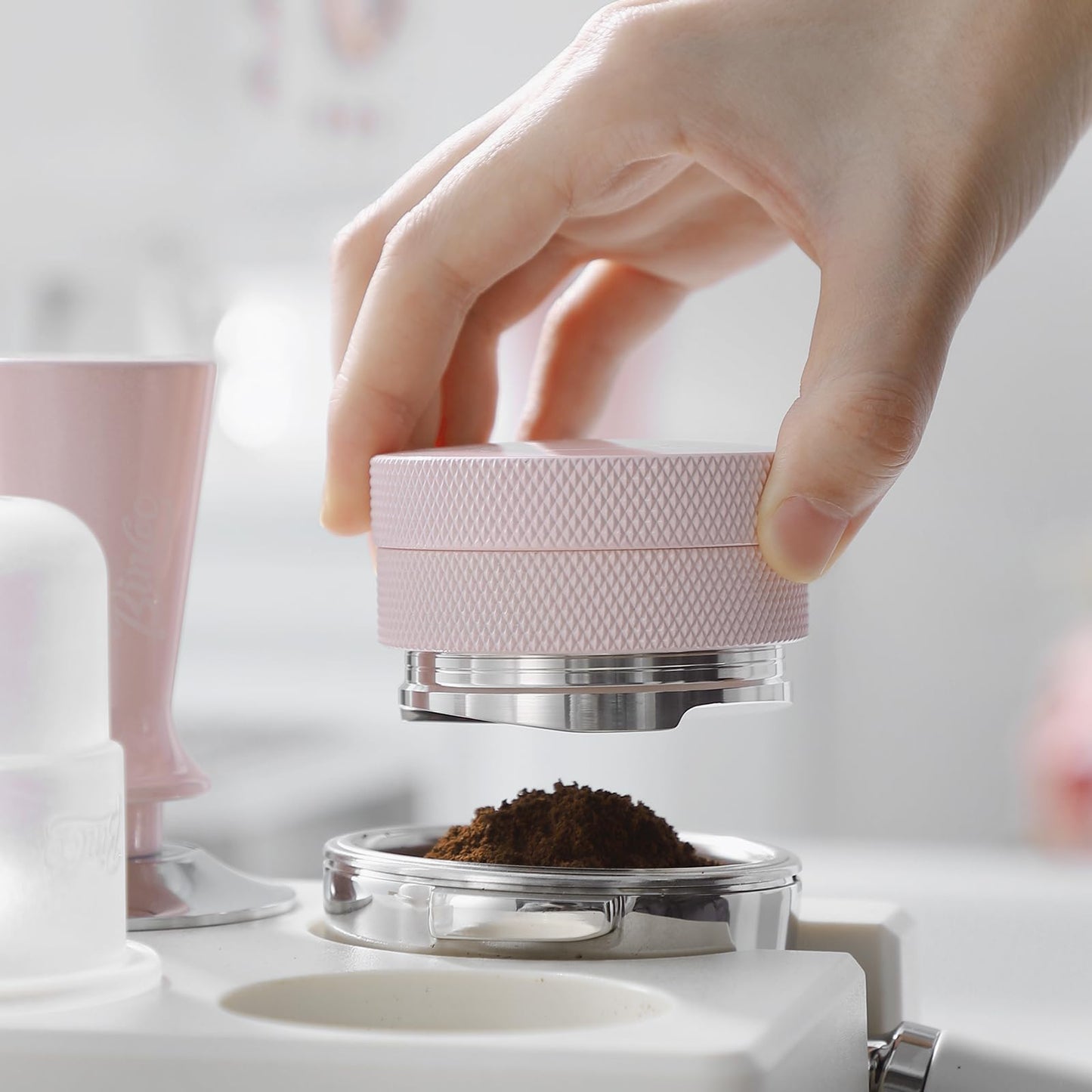 Pink 58mm Coffee Distributor & Tamper, Espresso Hand Tamper Tool Fits 58mm Portafilters, Adjustable Depth Coffee Tamper and Leveler